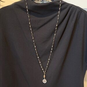 Long Beaded Pendant Necklace - Gray with Bronze and Silver Accents